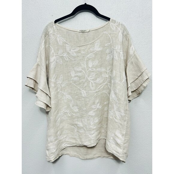 Valentina Naldi Linen Top Large Floral Embroidered Blouse Ruffle Sleeve Beige - Picture 1 of 7